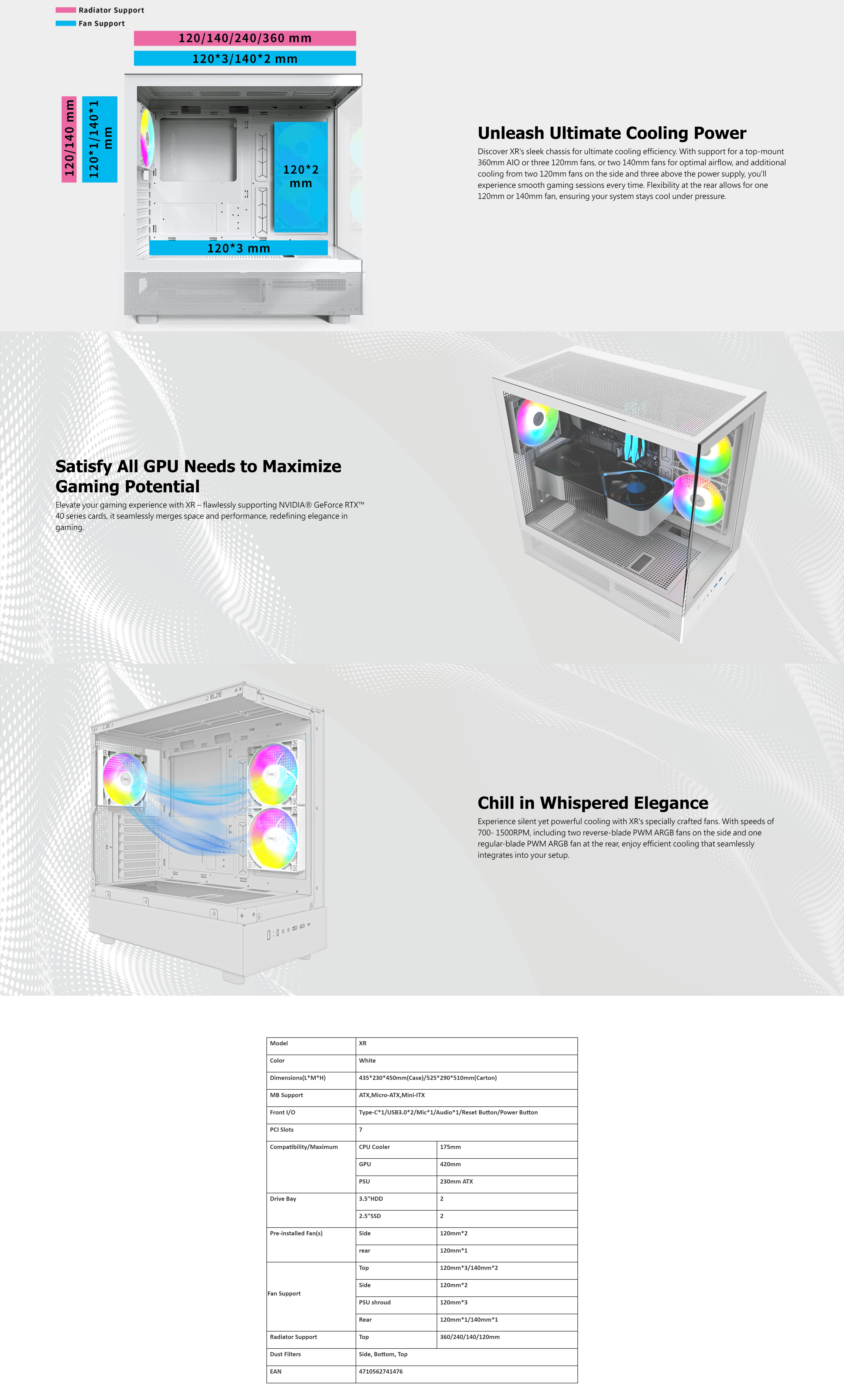 A large marketing image providing additional information about the product Montech XR - Tempered Glass Mid Tower Case (White) - Additional alt info not provided